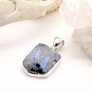 RAINBOW Moonstone & Black Tourmaline Sterling Silver Gemstone Pendant Necklace